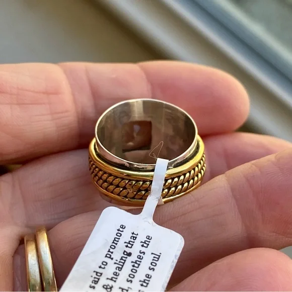 Green amethyst sterling silver and brass ring - Picture 9 of 14